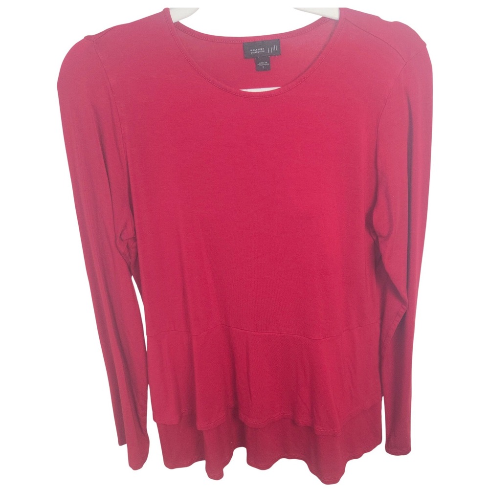 J Jill Wearever Cherry Red Peplum Tunic Top W S Long Sleeve Knit Stretch Ruffle